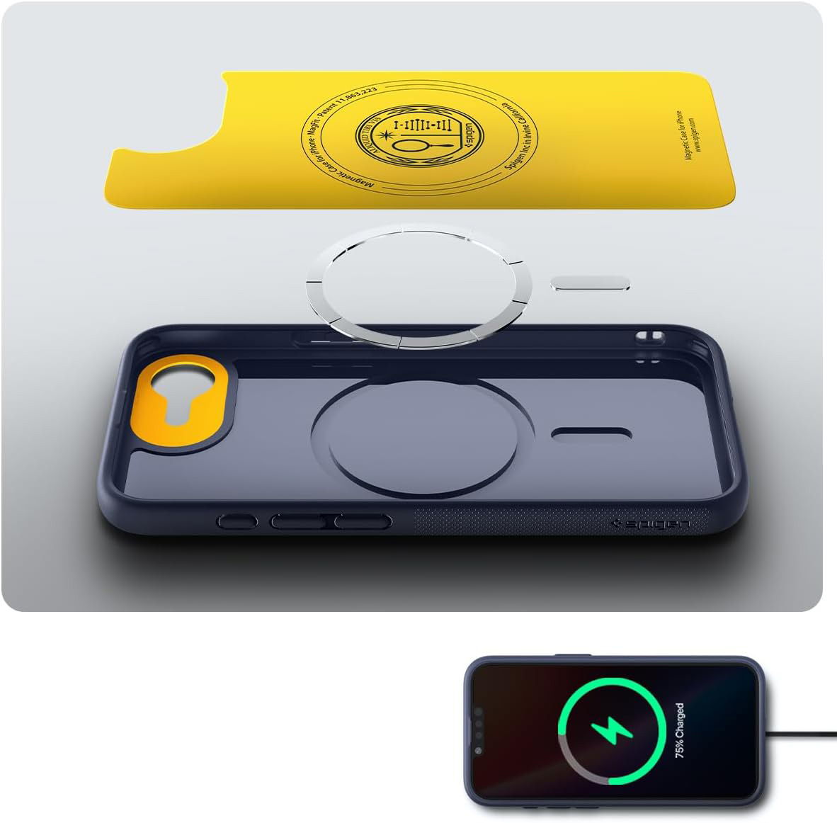 Etui Spigen Nano Pop Mag do MagSafe do Apple iPhone 16e, granatowo-żółte